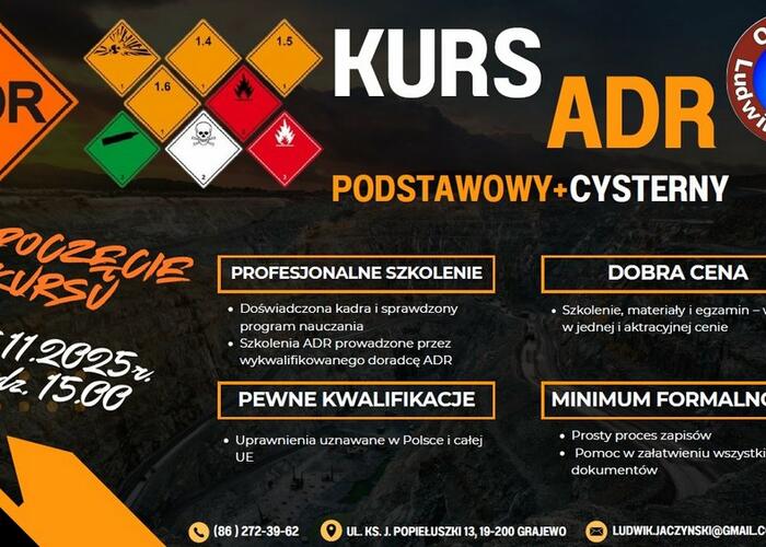 Grajewo ogłoszenia:      KURS ADR PODSTAWOWY + CYSTERNY
     Rozpoczęcie 7...